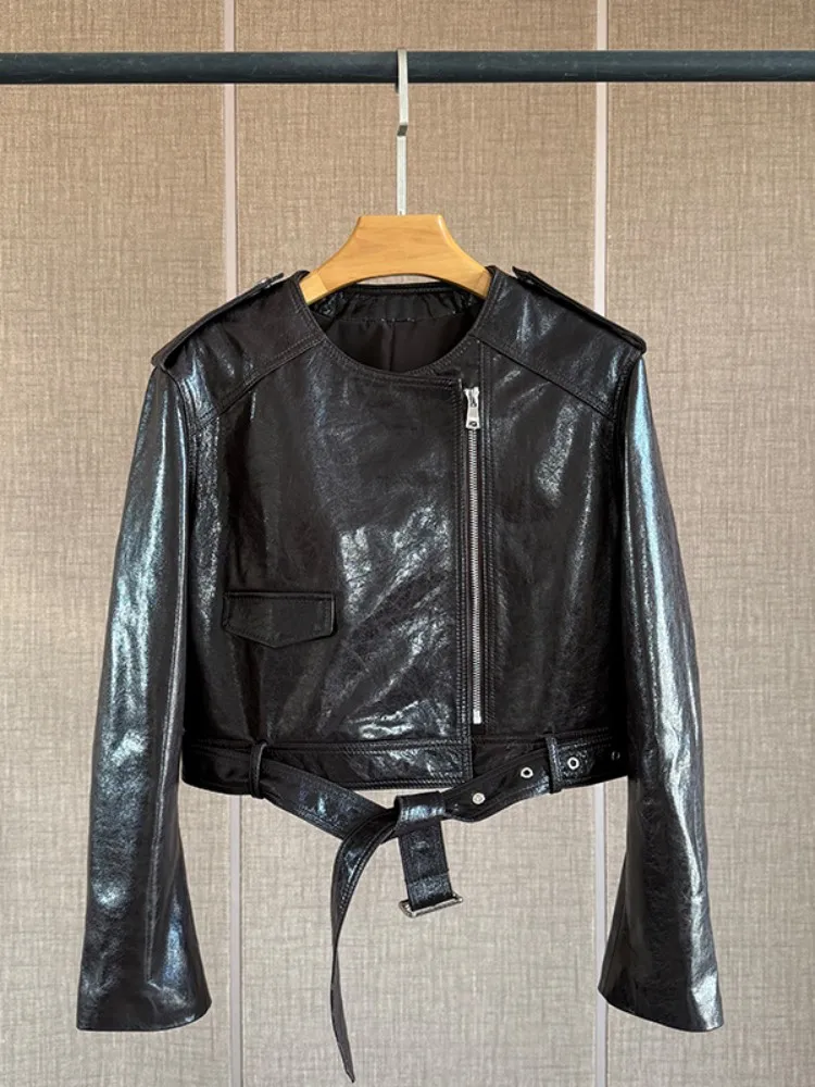 Mode femmes nouvelles vestes courtes en cuir véritable col rond fermeture éclair peau de mouton naturelle vêtements d'extérieur ceinture huile cire moto veste manteau