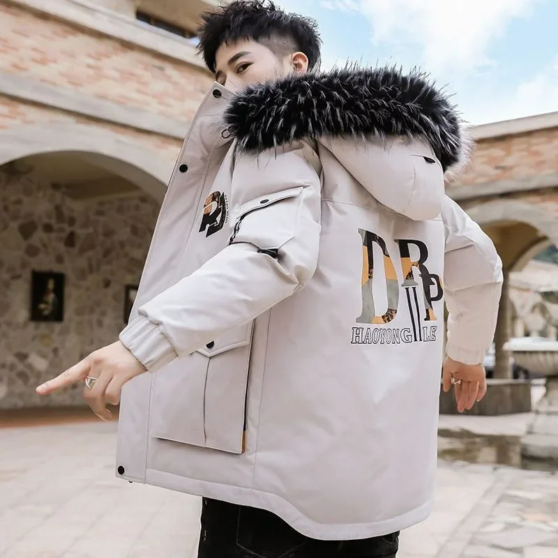 

Пальто с хлопковой подкладкой, новинка 2023, модная зимняя мужская утепленная молодежная парка с капюшоном большого размера, повседневная универсальная верхняя одежда средней длины