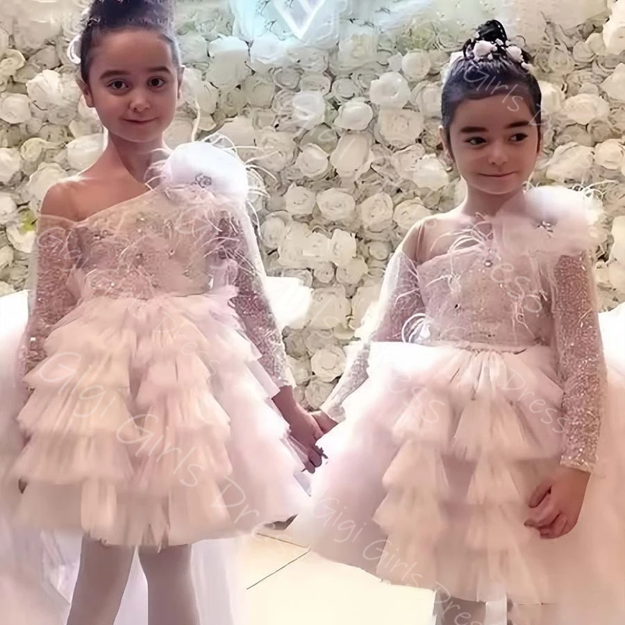 Abito da ragazza di fiore per bambini personalizzato maniche lunghe con paillettes in rilievo fiocco a strati abito da principessa in tulle abito da compleanno al ginocchio personalizzato
