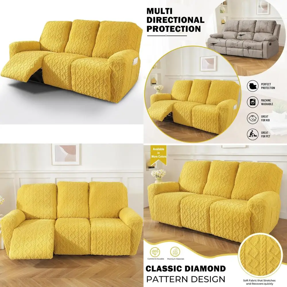 

Geometric Patterned Plush Recliner Sofa Covers, Soft and Fluffy, 3-Seat Couch Cover with Anti-Slip Feature
