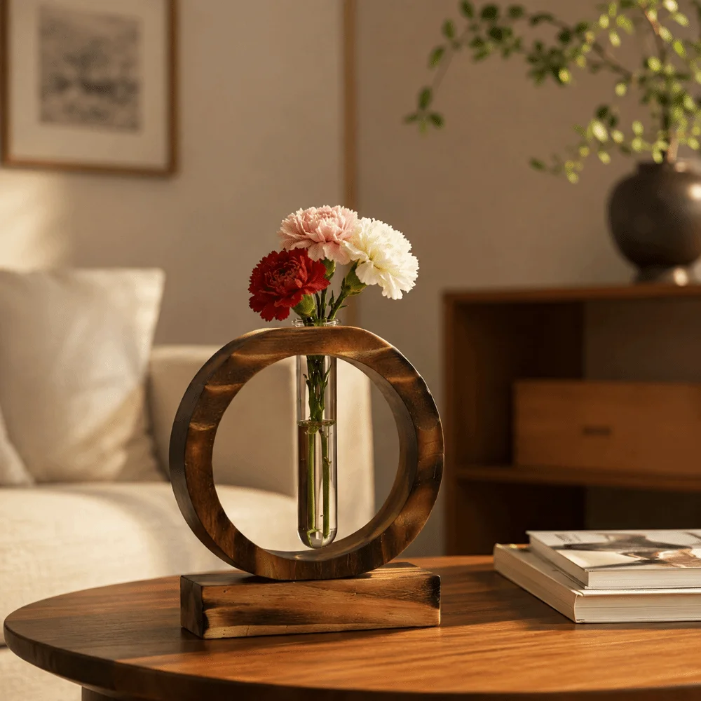 Handicraft Wooden Tube Vase Home Decoration Desktop Ornaments Decorative Vase Geometric Hollow Small Glass Vase Desktop Decor