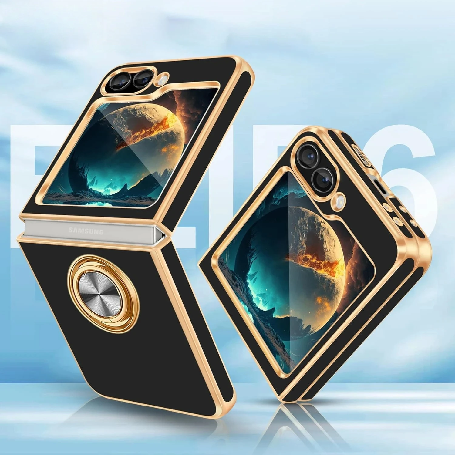 Electroplate Solid Color Ring Holder Phone Case for Samsung Galaxy Z Flip 7 6 5 4 3 Car Magnetic Stand Shockproof Protect Cover