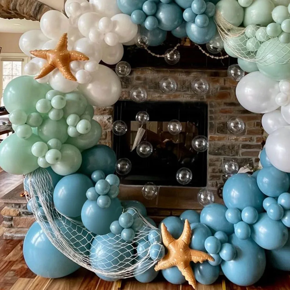 132pcs Under the Sea Theme Balloon Garland Kit Dusty Green Blue Latex Balloons for Sea Theme Birthday Party Baby Shower Decors