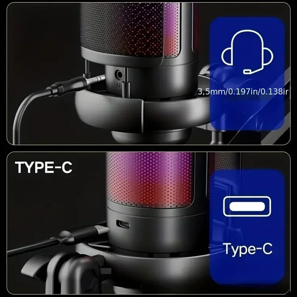 Gaming USB Microphone With Bracket USB Computer Desktop Mic RGB E-sports Game Conversation Voice Recording Condenser Microphone