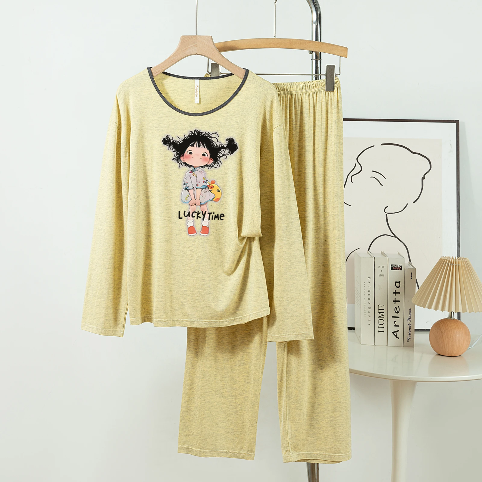 5181-302 بيجامة قطنية كاجوال ومريحة للنساء، سراويل طويلة جديدة للربيع والخريف بأكمام طويلة بلون سادة كاجوال