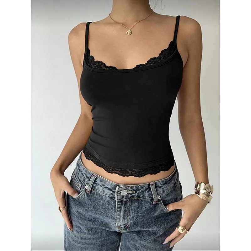 Damen Sexy Spitzenbesatz U-Ausschnitt Einfarbiges Figurbetontes Cami-Top Lässiges Rückenfreies Crop-Top mit Spaghettiträgern Frühling/Sommer