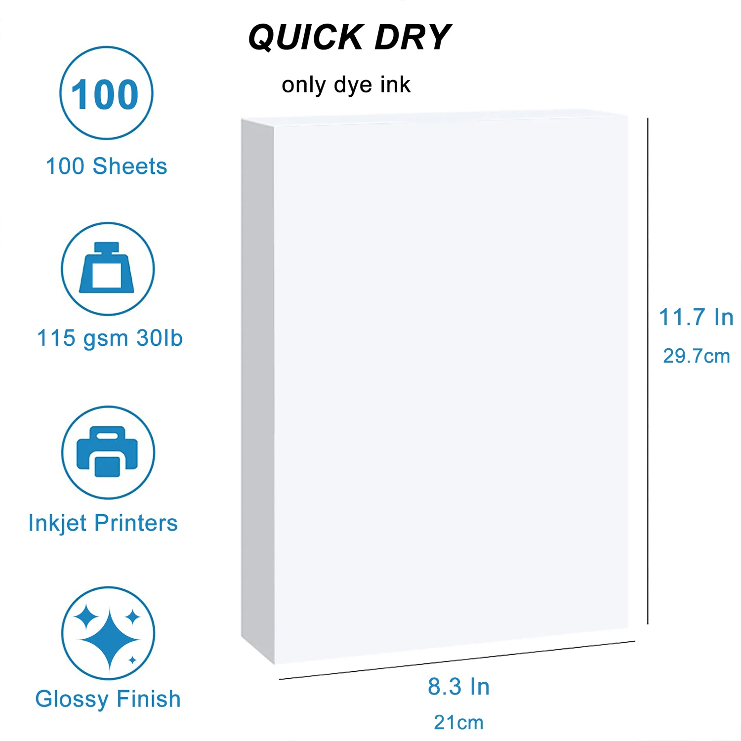 100 Sheets A4 Glossy Photo Paper, 115g/30lb Glossy Paper for Inkjet Printer, Single Sided, Dye Ink Compatible for DIY Projects