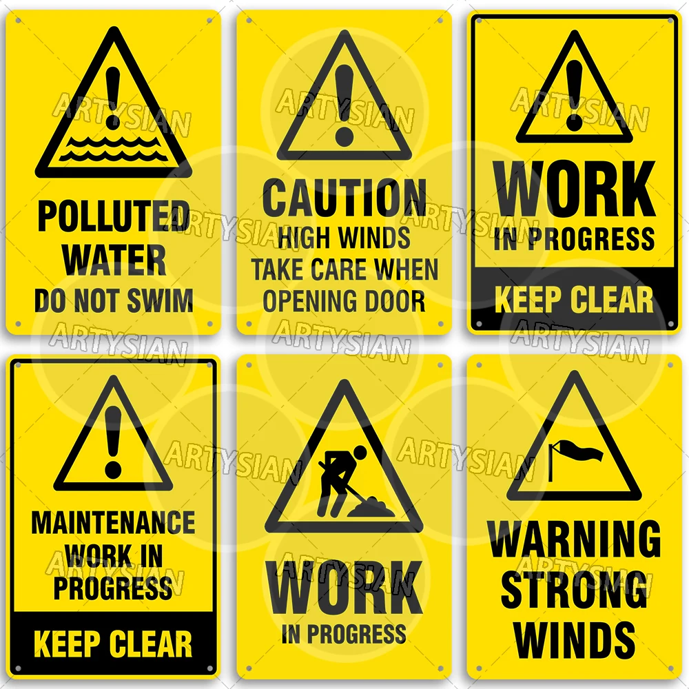 Workplace Safety Metal Sign Warning Strong Winds Work In Progress Maintenance Work In Progress Polluted Water Construction Zone