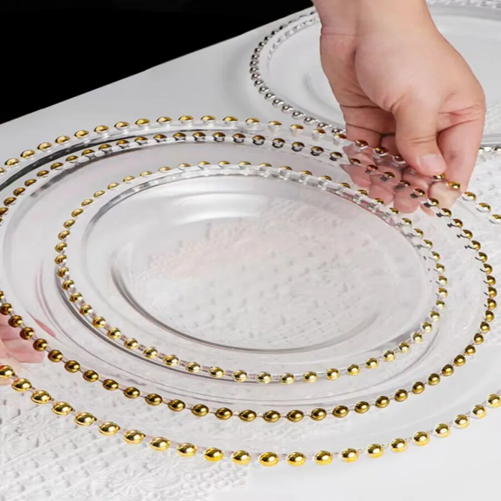 50pcs Clear Plastic Charger Plates with Gold Beads Rim Acrylic Decorative Service Plate