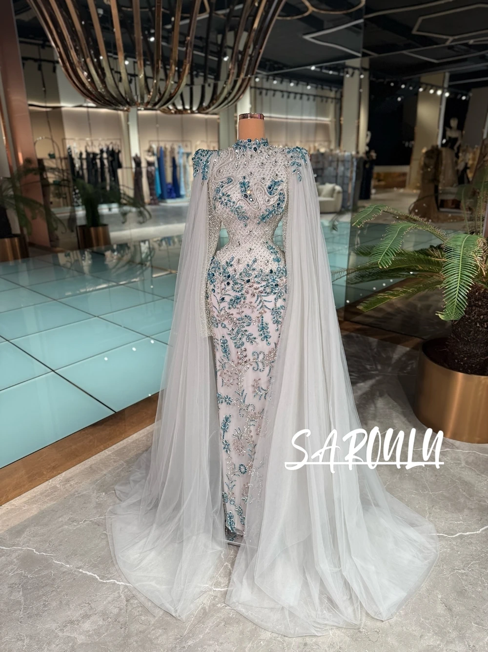 

2026 New Beaded Embroidered Mermaid Evening Gown High Neck Cape Sleeves Crystal Arabic Dubai Formal Wedding Prom Party Dress
