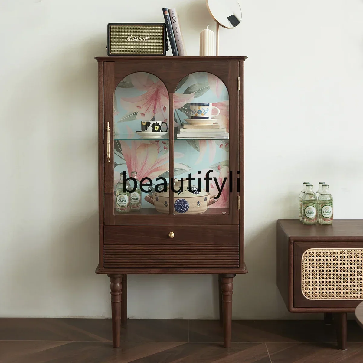 

yj5 Display Cabinet Nordic Vintage Black Walnut Living Room Solid Wood Storage Cabinet Locker Glass Drawer Cabinet