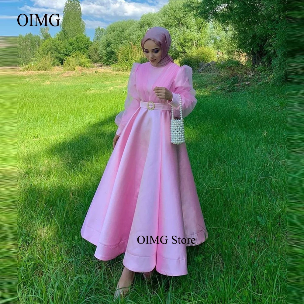 

Modest A Line Thick Satin Bride Party Dresses High Neck Long Sleeves Ankle Length Saudi Arabic Women Evening Prom Dress