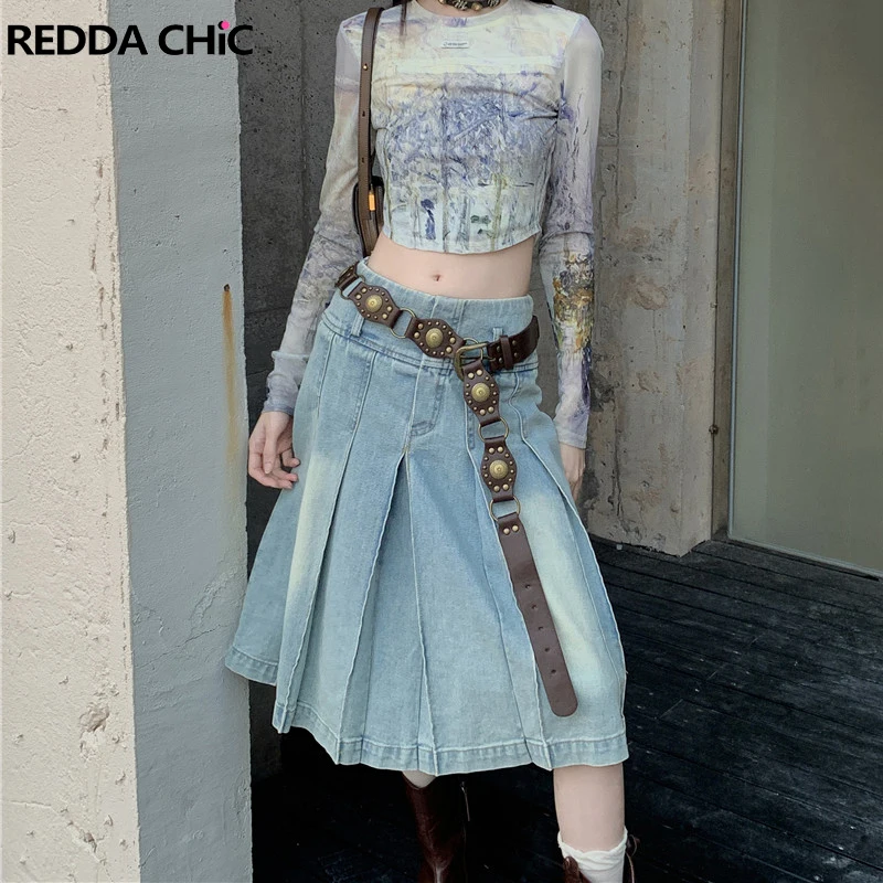 

ReddaChic Light Blue Wash Knee Long Denim Skirt Women 90s Retro High Rise A-line Pleated Skirt Solid Casual Korean Y2k Clothes