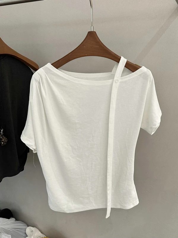 

Korean Style Loose Fit Short Sleeve T-Shirt Women's Shoulder Bared Design Sensation Silk Blend Casual Fashion Summer Top