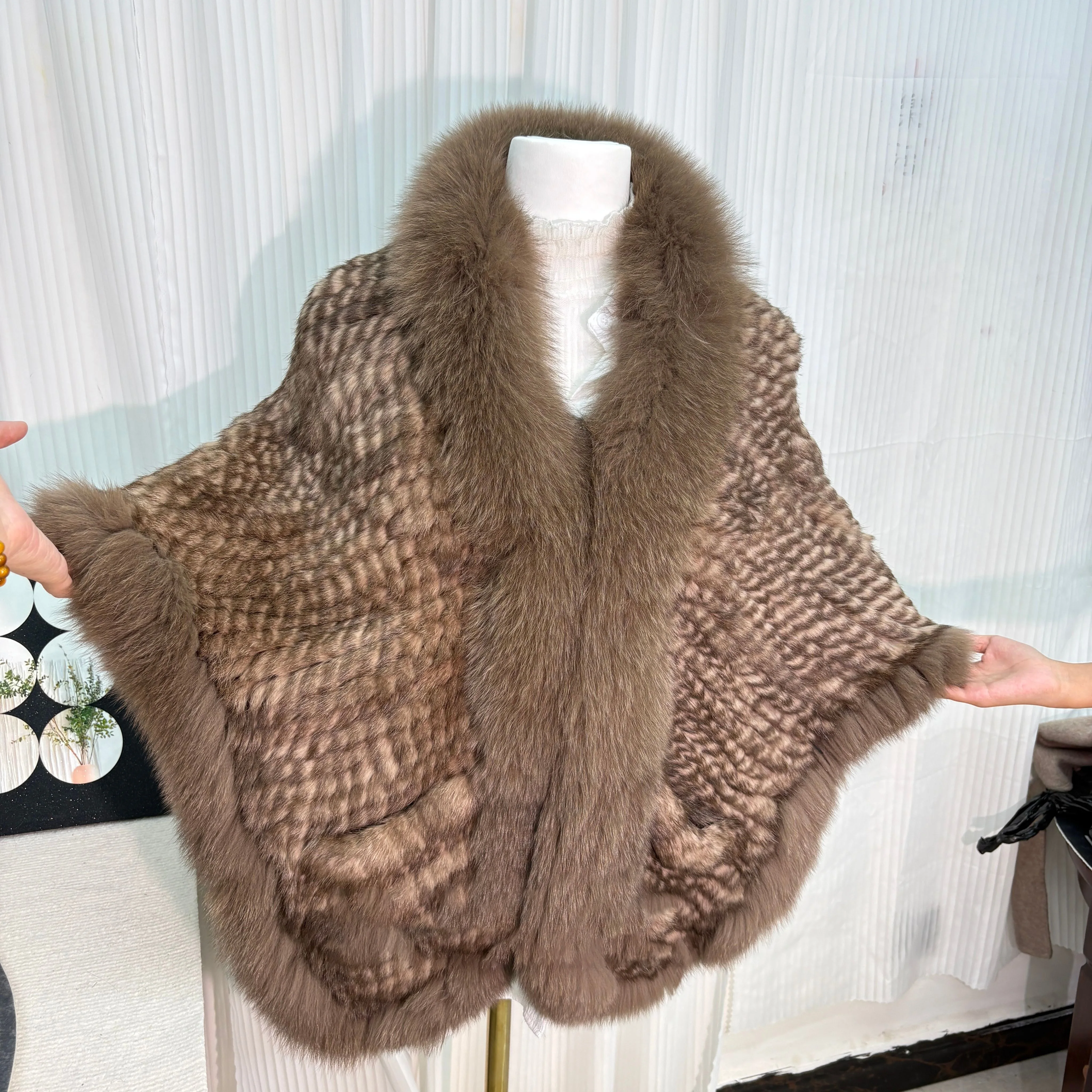 Real Genuine Natural Knitted Rabbit Fur Shawl Coat With Fox Fur Collar Women's Fashion Knit Jacket Cape