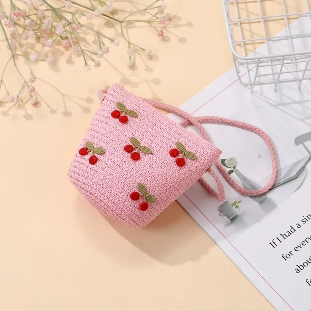 Cute Red Cherries Children Straw Bag Zipper Photo Props Crossbody Bags Kids Handbags Beach