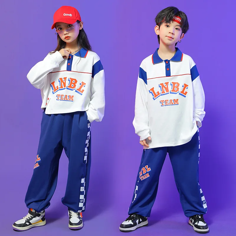 Kid Hip Hop Clothing White Polo Shirt Top Casual Checkered Jogger Sweat Pants for Girl Boy Jazz Dance Costume Clothes Set Outfit