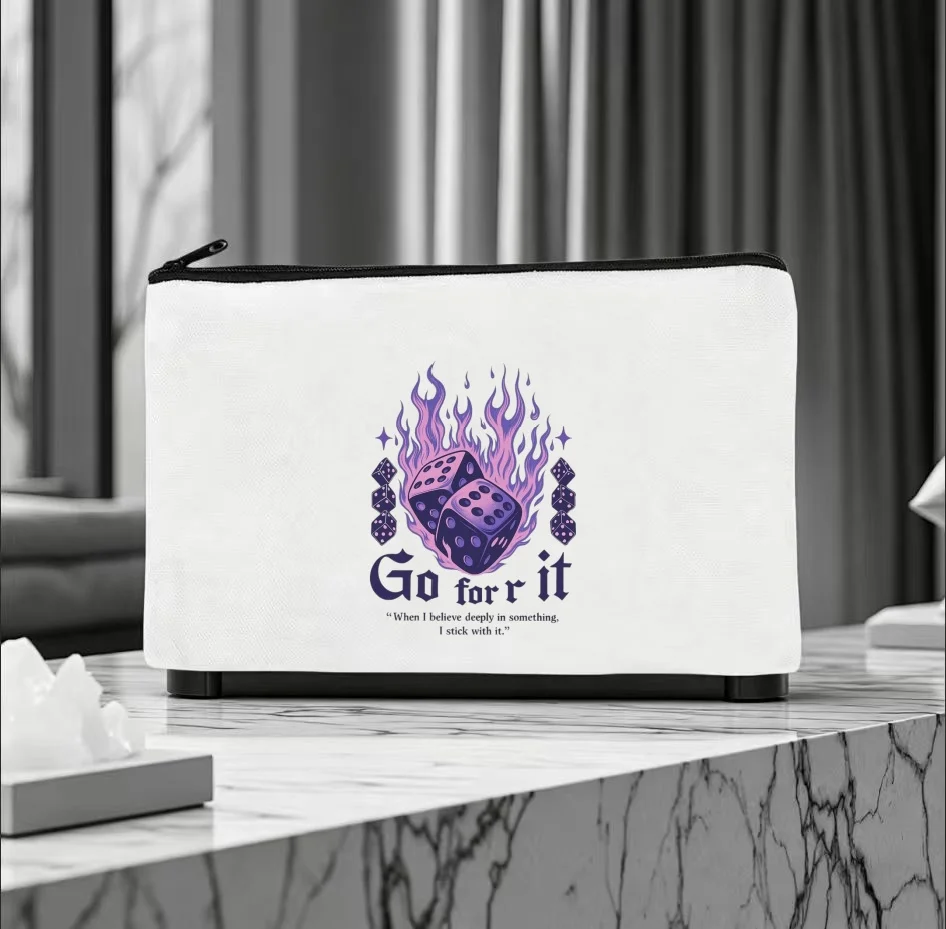 1PC Purple Flame Dice Go For It Motivational Quote Canvas Cosmetic Bag Double Sided Portable Zipper Pouch