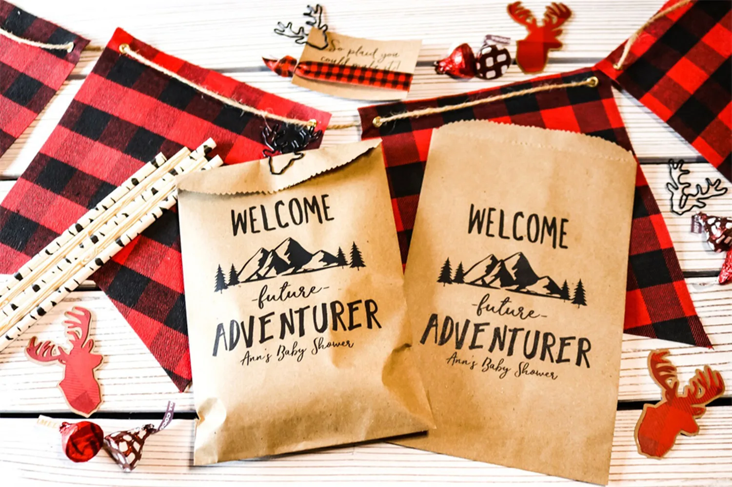 50 Baby Shower Favor Candy Bags Personalized - Lumberjack Party - Outdoor Party Favor - Happy Trails - Adventure Party Favor Bag