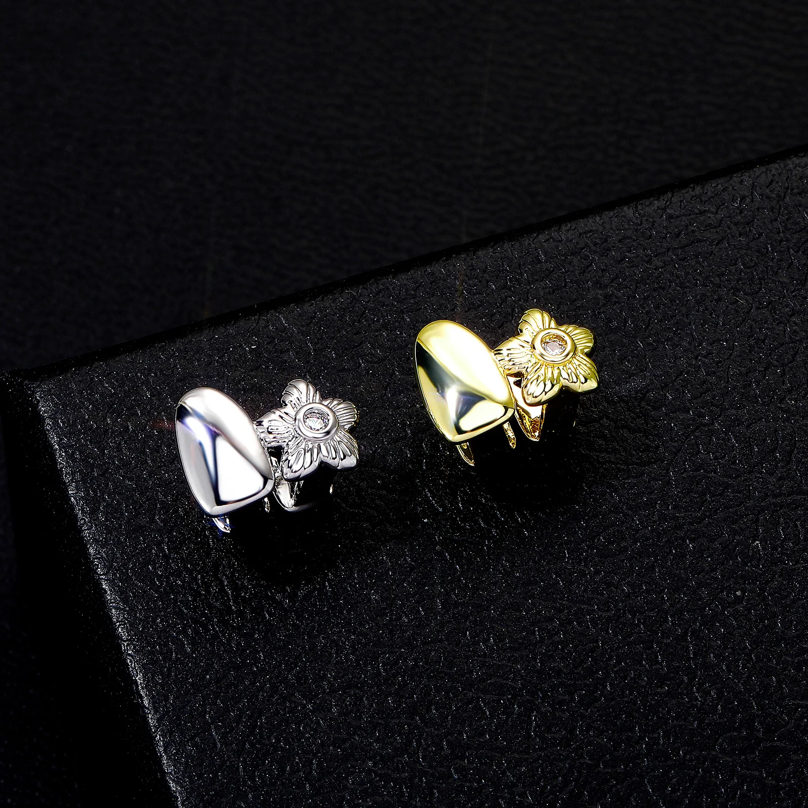 TOPGRILLZ Sweet Cool Floral Hollow Grillz Set Flower CZ Single Tooth Top & Curly Cutout Bottom Y2K Hip Hop Grills Women Men