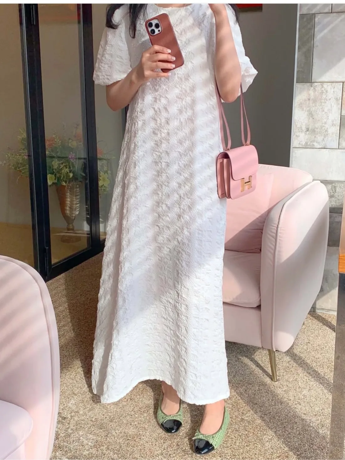 Vestido F Novo Estilo de Verão, Solto, Manga Bufante, Longo, Branco, Textura Amassada, Estilo Casual para Primavera e ...