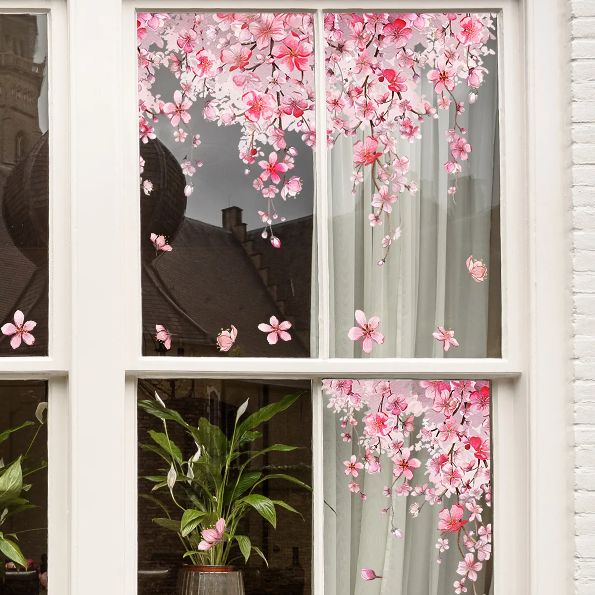 NEW 1 Set Pink Flower Static Window Stickers Diy Wallpaper Wall Sticker Decals Festival Home Decor Crafts Window Cling Sticker
