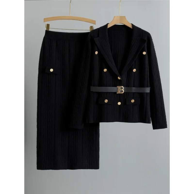 Chic Design Knitted 2 Piece Sets Women Single Breasted Knit Sweater Cardigan Tops With Belt Conjuntos High Waist Skirts Outfit view 3
