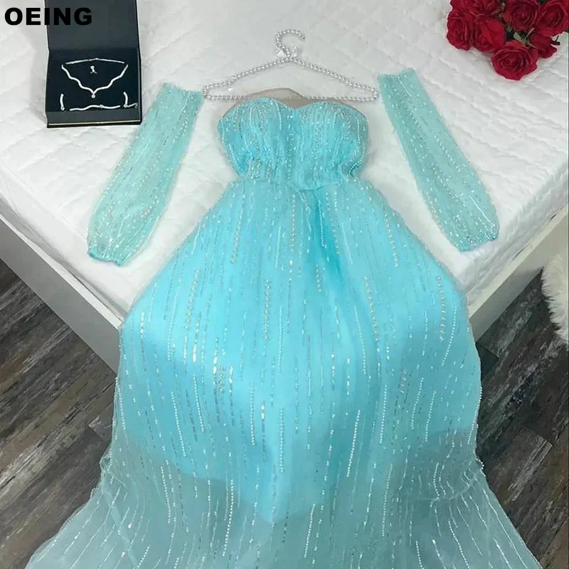 OEING Sky Blue Princess A-Line Prom Dresses Fairy Tulle Tiered Sheer Neck Evening Dress Formal Occasion Gown Vestidos De Fiesta