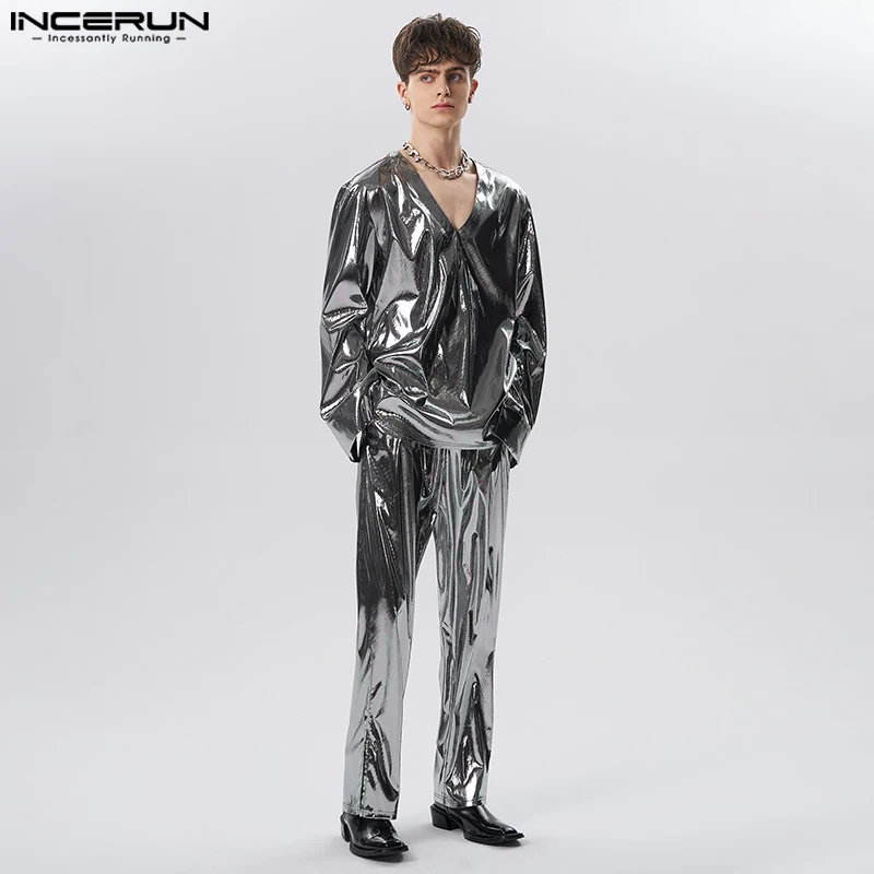 2023 Men Sets Shiny Streetwear V Neck Long Sleeve T Shirt & Pants Two Pieces Sets Loose Party Fashion Men\'s Suits S-5XL INCERUN