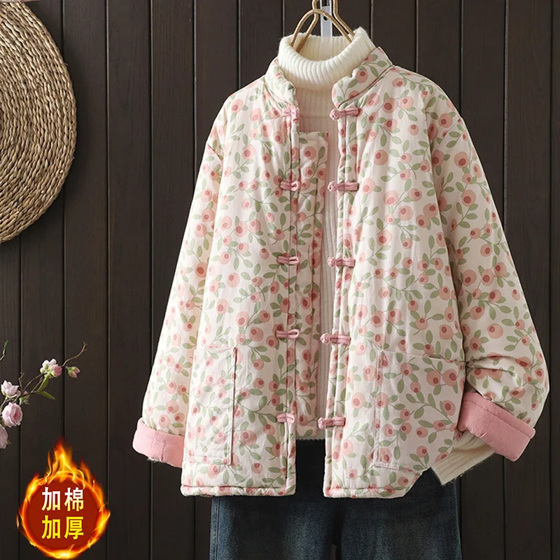 

new model cotton floral cotton-padded jacket autumn winter coat Women's retro handmade loose printing thicken fashionable