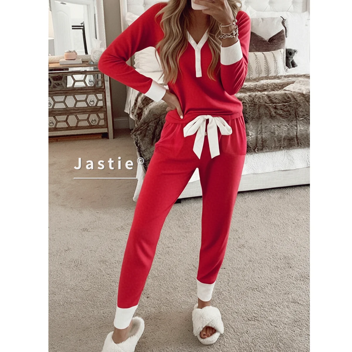 

Женский красный комплект домашней одежды из 2 предметов, топ с длинными рукавами и v-образным вырезом + брюки для бега на шнурке, мягкая одежда для сна с белой отделкой, тонкий спортивный костюм