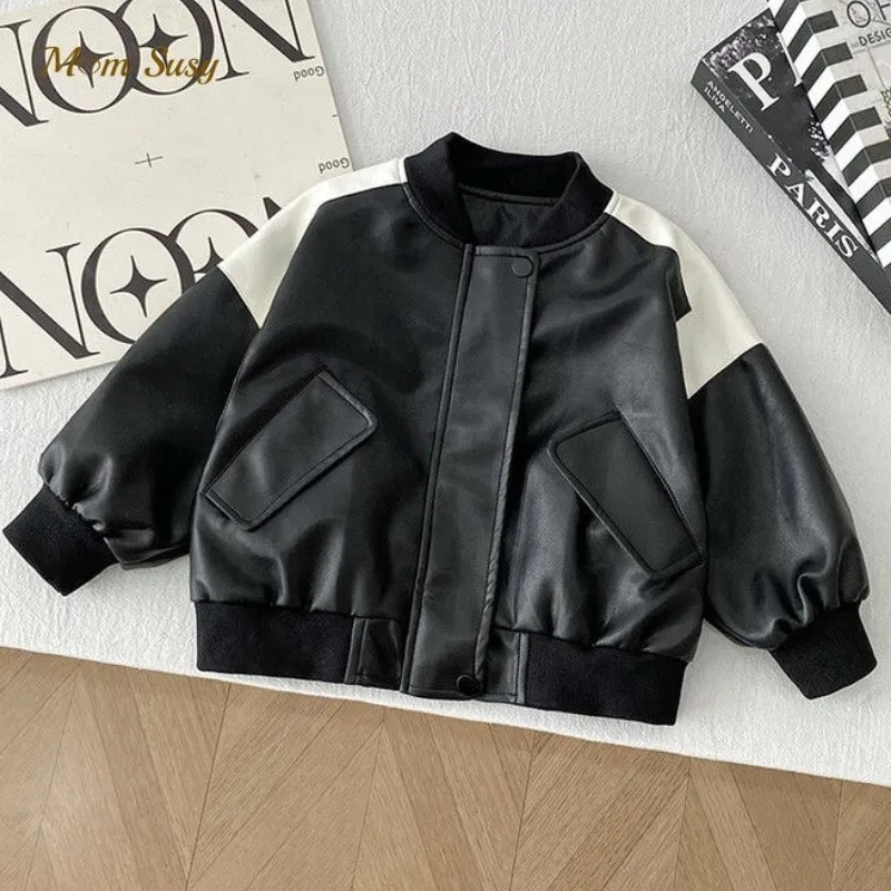 Fashion Baby Boy Girl PU Leather Baseball Jacket Spring Autumn Infant Toddler Child Faux Leather Coat Baby Clothes 1-10Y