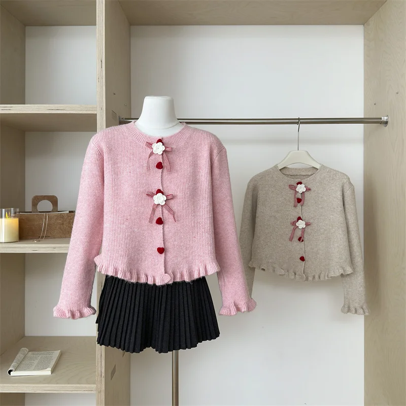 Chandails roses beiges pour femmes, cardigan décontracté, nœud de fleurs 3D, style de Noël, tenue douce pour filles, nouvel an, automne