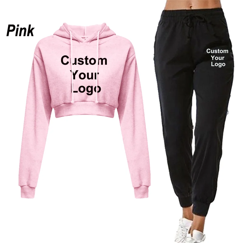 New Women Customize Your Logo Tracksuit  Crop Tops Hoodie and Pants Casual Sport Suit Winter 2 Piece Set Jogging Suit