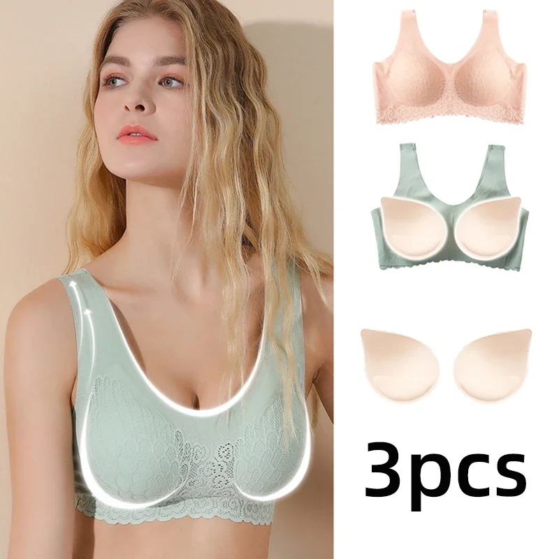 3pcs Link Plus 4XL Latex Bra Seamless Bras for Women Underwear BH Push Up Bralette with Pad Vest Top Bra