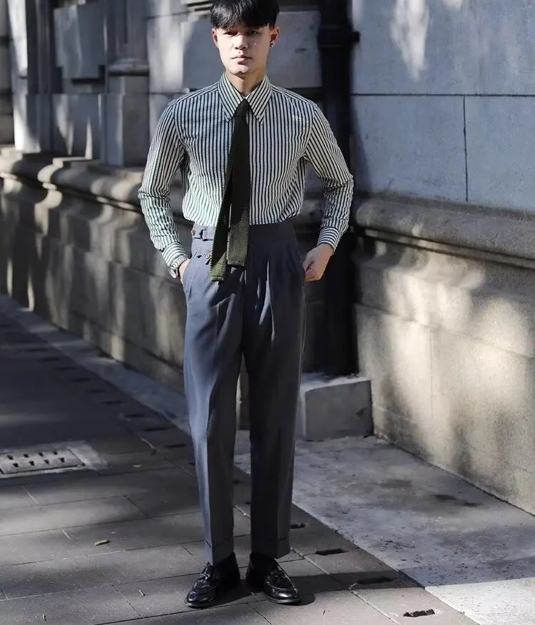Italian Retro Men's Business Casual Shirt Green Brown Striped Slim Long Sleeve Shirt British Spring Autumn Men Dress Shirt