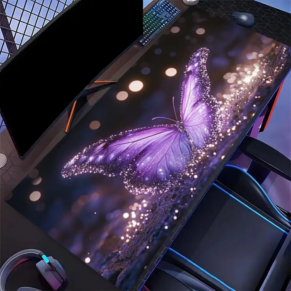 Glitter Galaxy Butterfly Desk Surface Purple Aesthetic Gaming Area Non Slip Rubber Extended Keyboard Office Workstation Platform