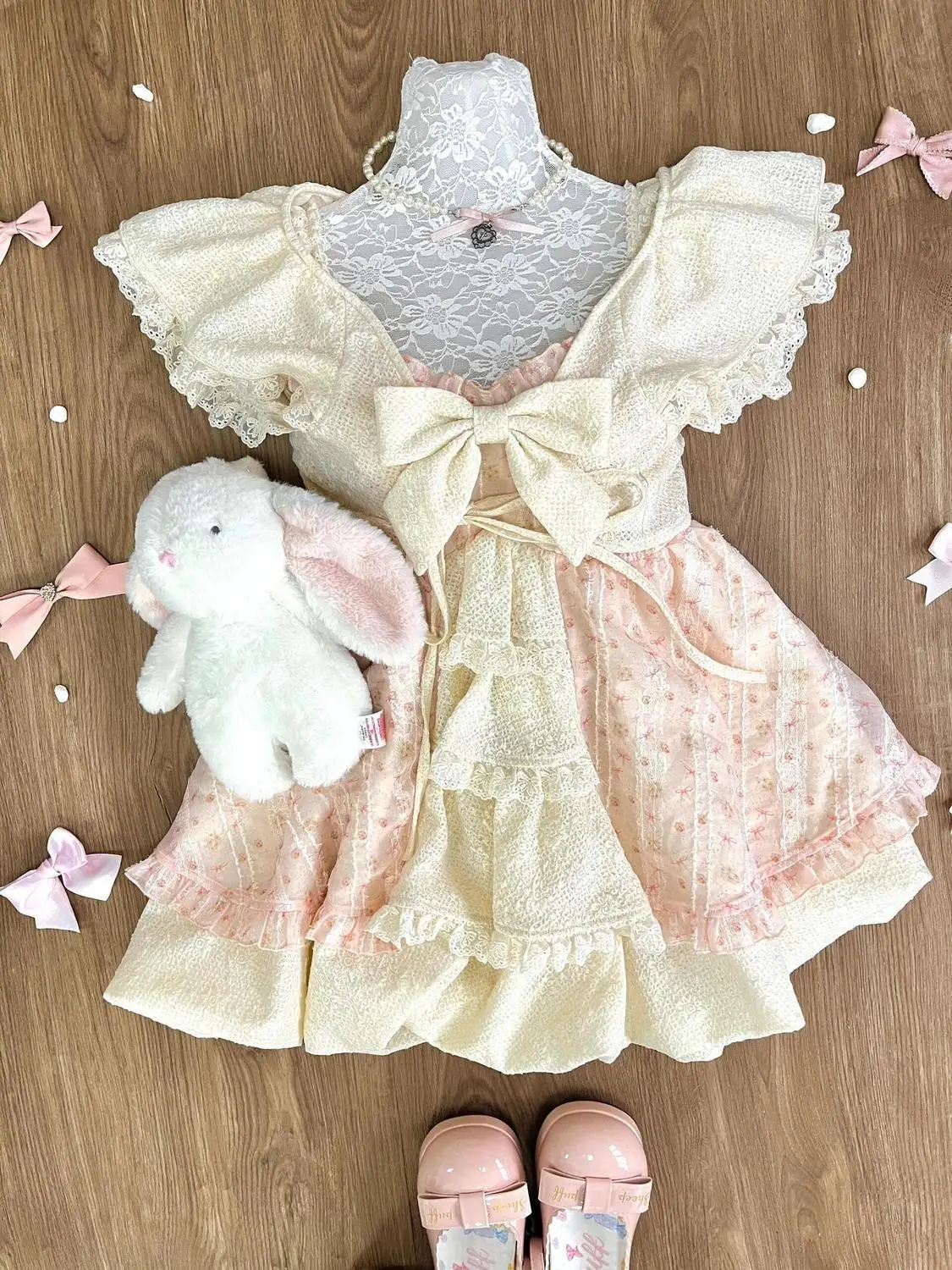 Doce lolita arco vestido de renda feminino manga puff plissado saia em camadas estilo princesa vintage cottagecore fairycore kawaii outfits