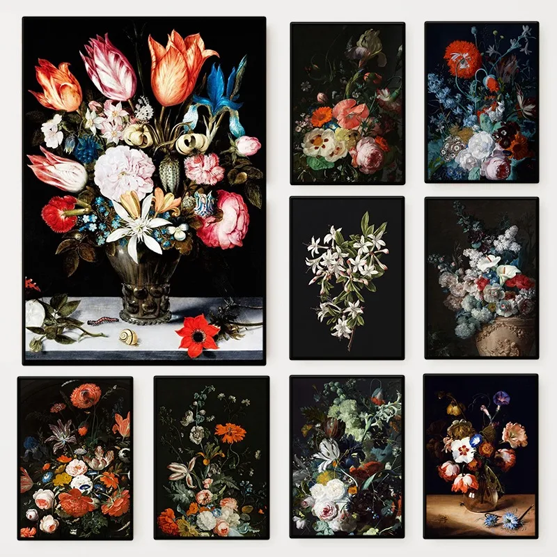 Baroque Floral Dark Still Life Poster Vintage Botanical Flower Moody Dutch Canvas Painting Wall Art for Living Room Home Decor