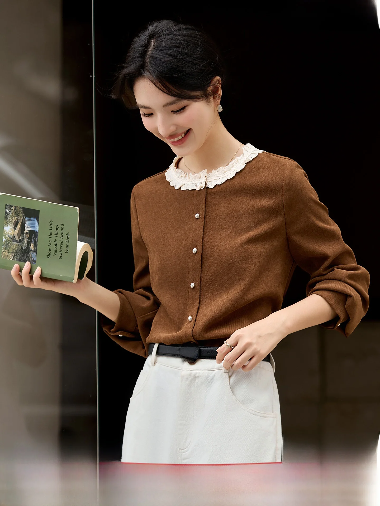 

Elegant round Neck Corduroy Shirt Women's Spring New Style Vimly Casual Fashion Polyester Fiber Long Sleeve Comfortable Top