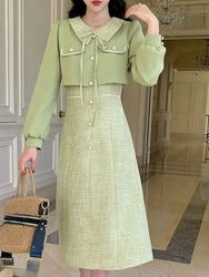 Green Patchwork French Vintage Dress Women Lace-up Elegant Sweet Midi Dress Female Princess Fashion Fake Two Piece Dress 2023