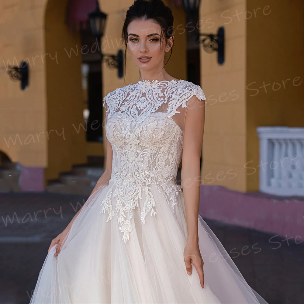 Fashionable Charming A Line Women's Wedding Dresses Exquisite Lace Appliques Bride Gowns New Modern Cap Sleeve Abiti Da Sposa