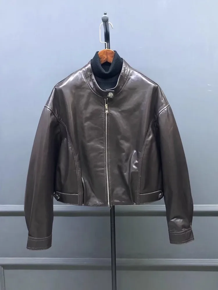 Giacca da donna in vera pelle di pecora vestibilità ampia autunno stile fidanzato con cerniera colletto alla coreana cappotto da motociclista giacche casual