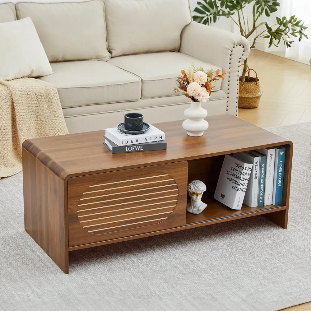 

43 Mid-Century Wood Coffee Table with Storage & Sliding Door, Two-Sided Storage Accent Center Coffee Table with Classic Striped