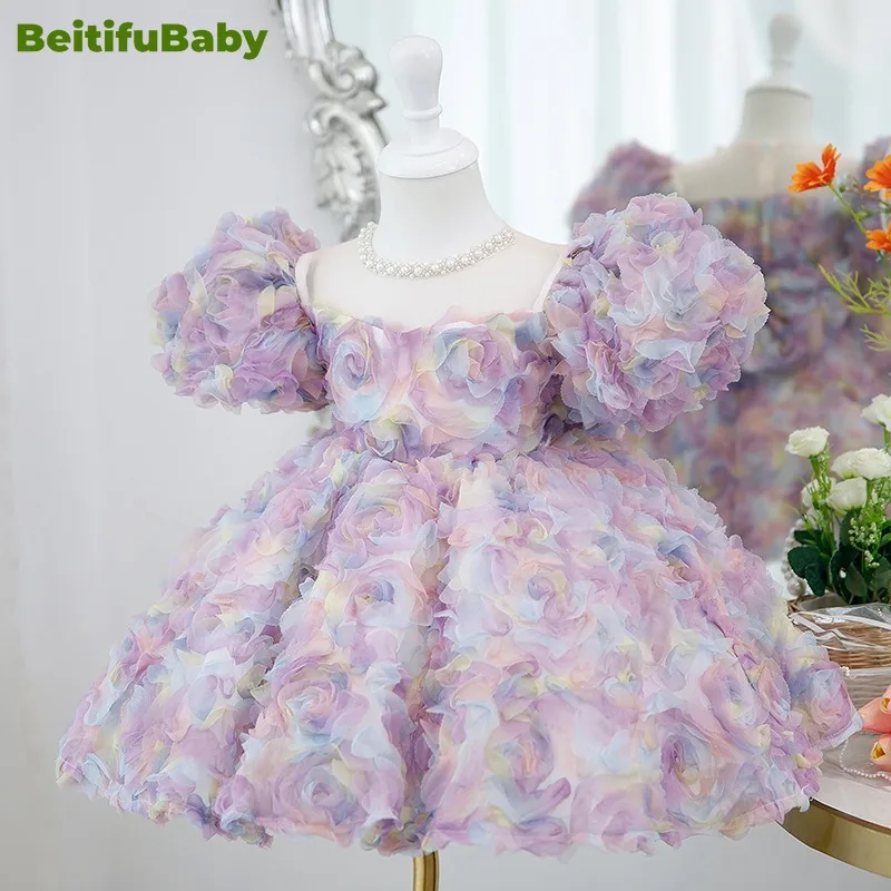 BeitifuBaby sukienka dziecięca koronkowa bańka z krótkim rękawem suknia balowa z kokardką kwiatowe sukienki dla dziewczynek na wesele Vestidos Para Niñas