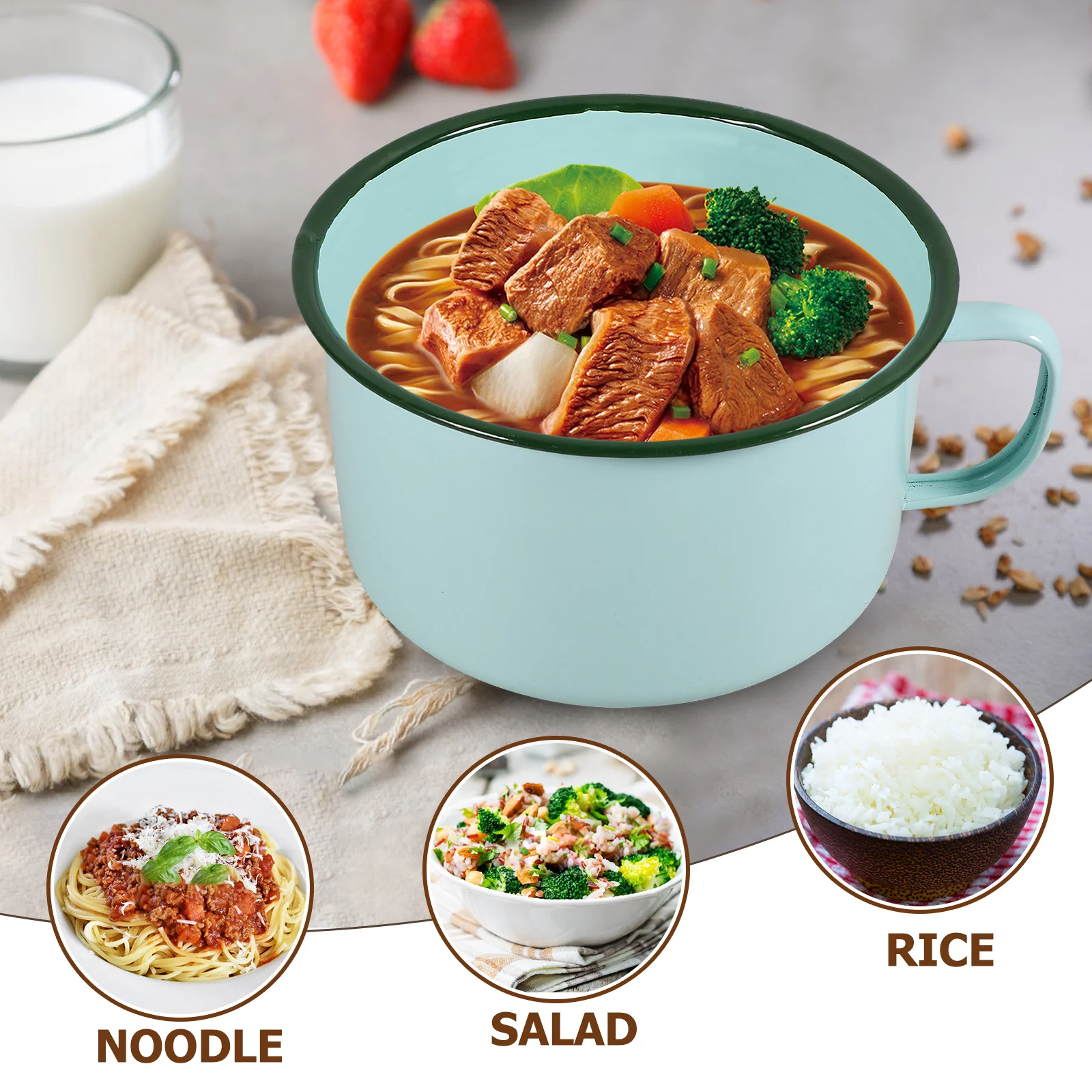 

Home Large Ramen Bowl Instant Noodles Enamel Soup Bowl with Lid Food Serving Household Kitchenware for Dining Rice Bowls
