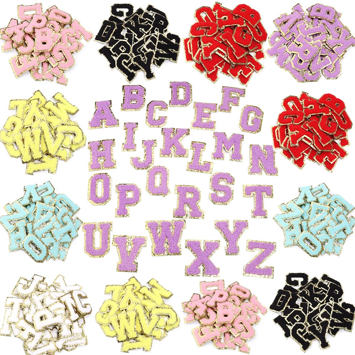 26 pz/set 6cm toppe con lettere inglesi toppe in ciniglia con bordi dorati tessuto da stiro per artigianato fai da te nome Sticker borse