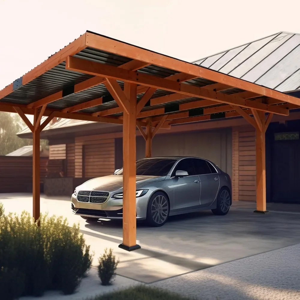 

Wood Heavy Duty Carport Garage 18.3x12.6ft Car Shelte with Hard Top Steel Roof and Wooden Frames, Carport Garage