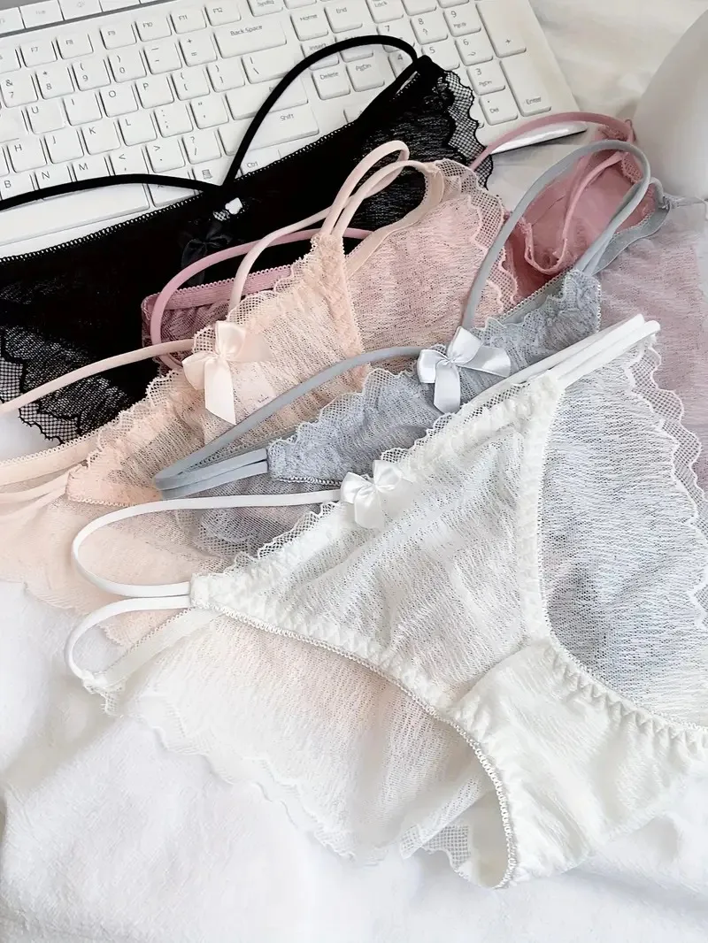 3 Articles Solid Cute Lace Bow Knot Semi Sheer Briefs Comfy Breathable Stretchy Intimates Panties Women\'s Lingerie Underwear
