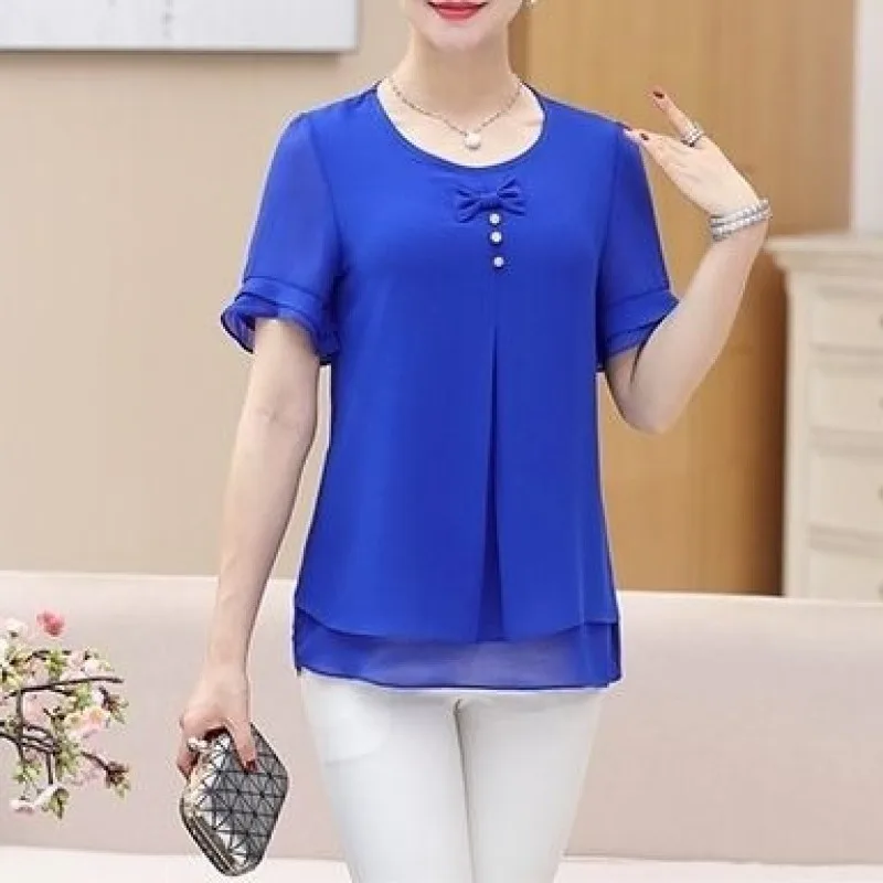 Women\'s Tshirt Summer Short Sleeve Large Chiffon Fashion Crew Neck Gauze Hollow Out Patchwork Blouse Loose Fashion Elegant Tops